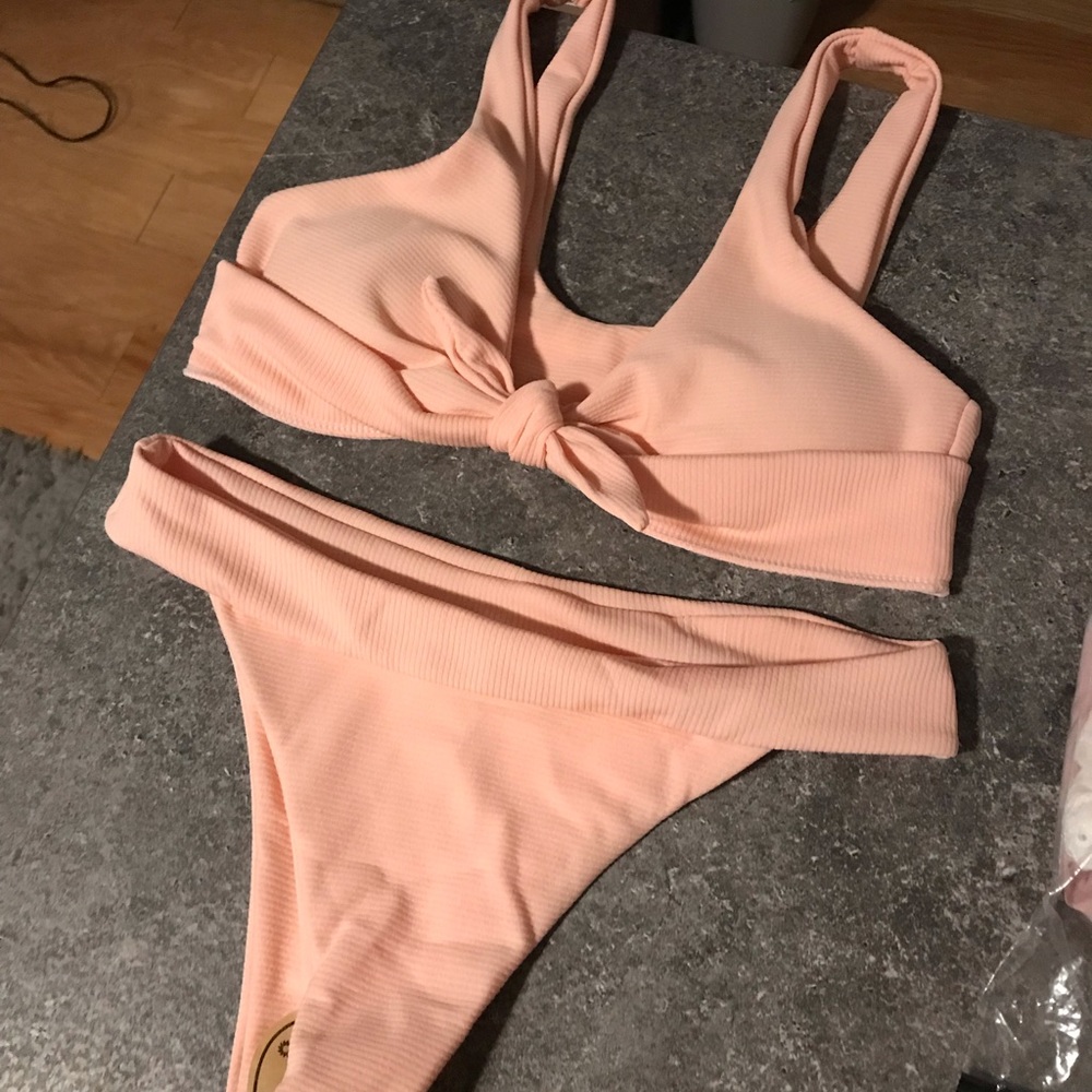 Peach ribbed front tie bikini set from Shein